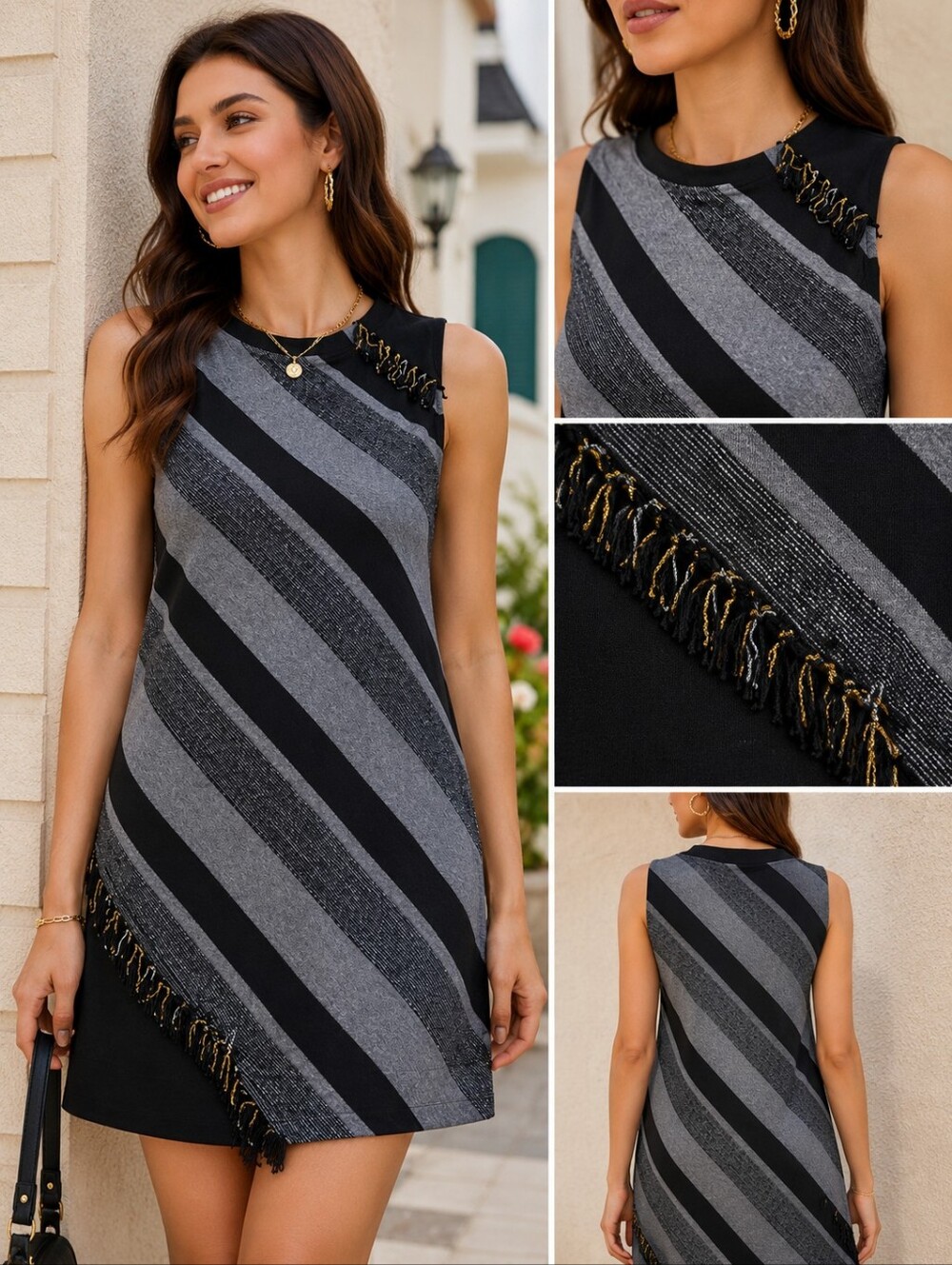 Bastet Womens Diagonal Stripe Fringe Chain Knit Dress Grey Black Silver Size S/M